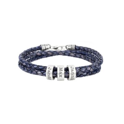 Bracelet Bleu Denim Foncé avec Sphères Gravées en Argent 925 pour Homme