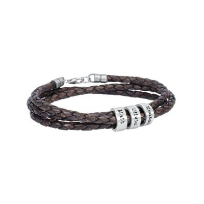 Name Bracelet with Engraved Beads - Sterling Silver [Brown Leather]