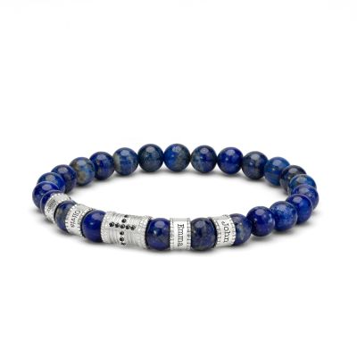 Diamond Cross Men Name Bracelet with Lapis Lazuli Stones