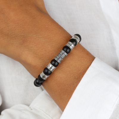 Diamond Cross Bracelet With Black Onyx Stones [Sterling Silver]