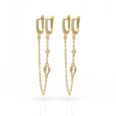 Double Hoop Sparkle Chain Earrings [18K Gold Plated]