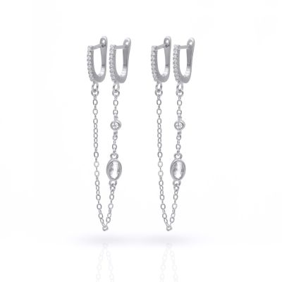 Double Hoop Sparkle Chain Earrings [Sterling Silver]