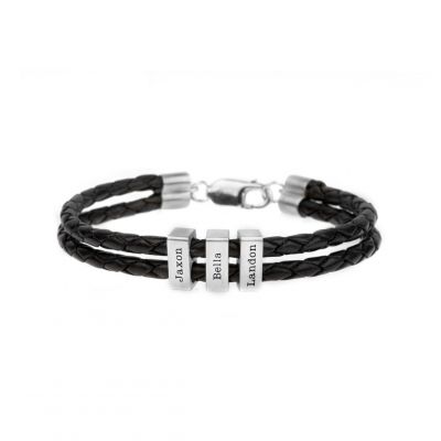 Layered Leather Bracelet with Engraved Names - Sterling Silver