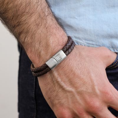 Brown Leather Bracelet for Men with Magnetic Clasp and 4 engraved Names (Layered Bracelet)