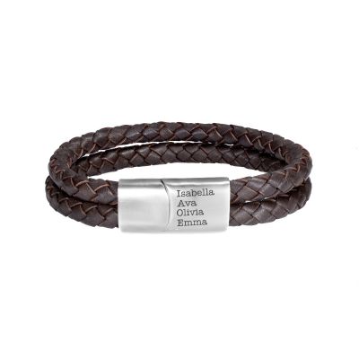 Brown Leather Bracelet for Men with Magnetic Clasp and 4 engraved Names (Layered Bracelet)