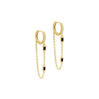 Black Crystal Hoop Chain Earrings [18K Gold Vermeil] 