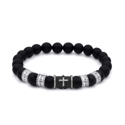 Zwart Zilveren Kruis Mannen Naam Armband met Zwarte Onyx Stenen
