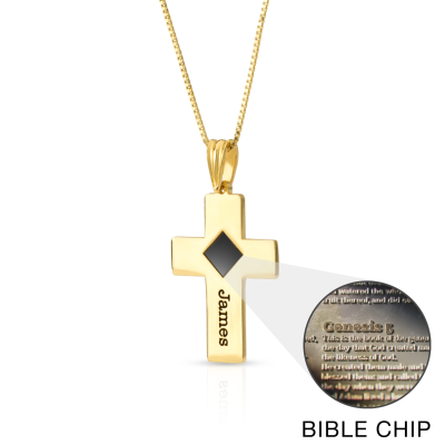 Gravierte Kreuz Halskette mit Nano Bibel [750er vergoldet]