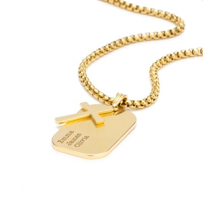 Engraved Tag Necklace With Cross Charm - 18K Gold Plated