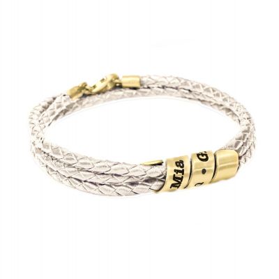 Bracelet Famille avec Prénoms pour Femme - Plaqué Or 18ct [Cuir Crème]