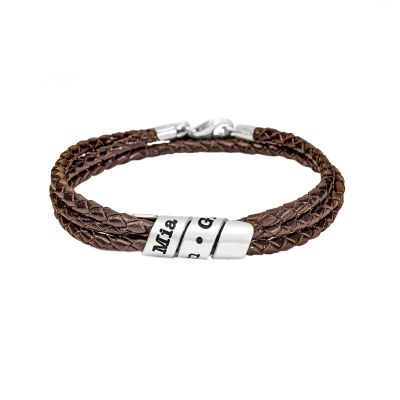 Bracelet Famille avec Prénoms pour Femme - Argent 925 [Cuir Marron]