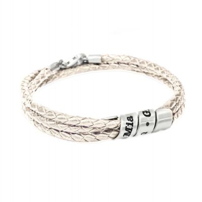 Bracelet Famille avec Prénoms pour Femme - Argent 925 [Cuir Crème]
