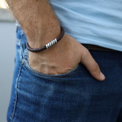 Men Brown Bracelet with Engraved Wrap Sphere in Silver
