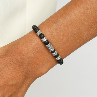 Bracelet Onyx Prénom avec Œil du Mal pour Femme - Cristal Blanc [Argent 925]