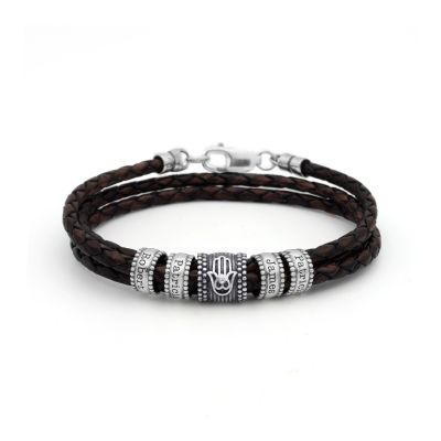 Hamsa Men Name Bracelet in Silver [Brown Leather]