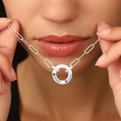 Familie Cirkel Geboortesteen Schakel Ketting [Sterling Zilver]