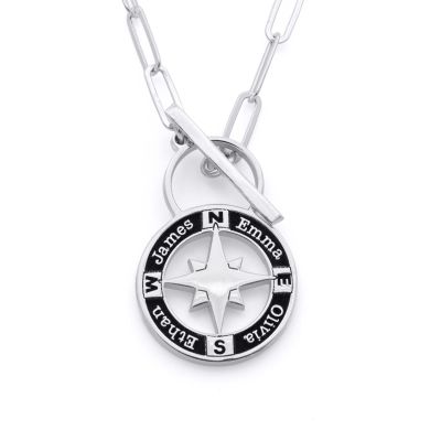Family Compass Link Chain Name Necklace [Sterling Silver]