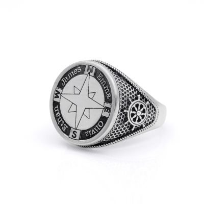 Family Compass Men Engraved Ring - Sterling Silver