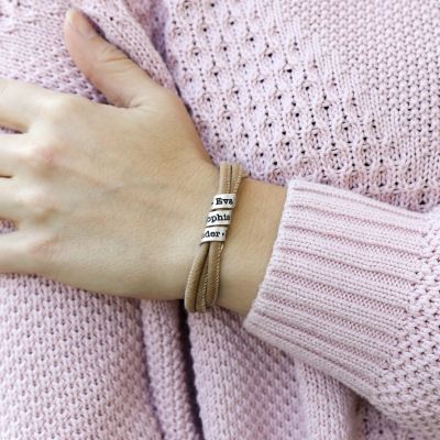 Bracelet Famille avec Prénoms pour Femme - Argent 925 [Daim Beige]