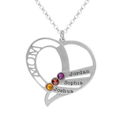 Family Heart Name and Birthstone Necklace [Sterling Silver]