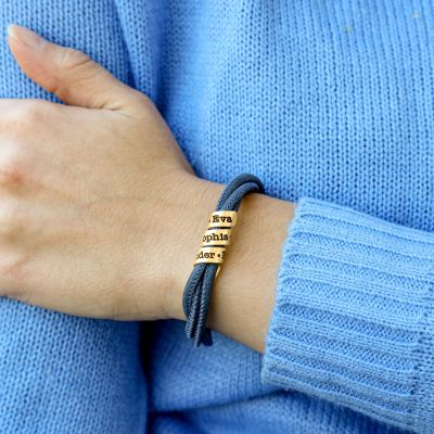 Bracelet Famille avec Prénoms pour Femme - Plaqué Or 18ct [Daim Bleu]