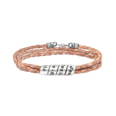 Bracelet Famille avec Prénoms pour Femme - Argent 925 [Cuir Naturel]