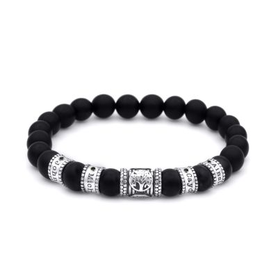 Bracelet Onyx Noir Arbre Familial Prénoms avec Diamants pour Homme [Argent 925]