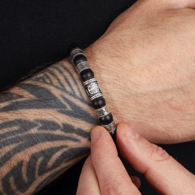 Bracelet Onyx Noir Prénom avec Arbre Familial pour Homme 