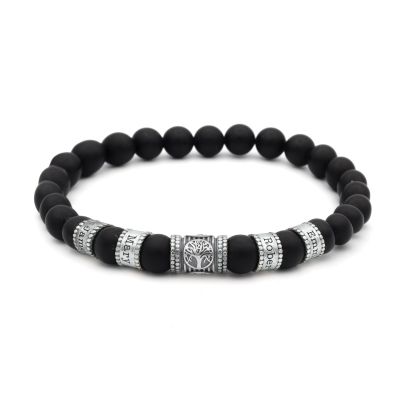 Bracelet Onyx Noir Prénom avec Arbre Familial pour Homme 
