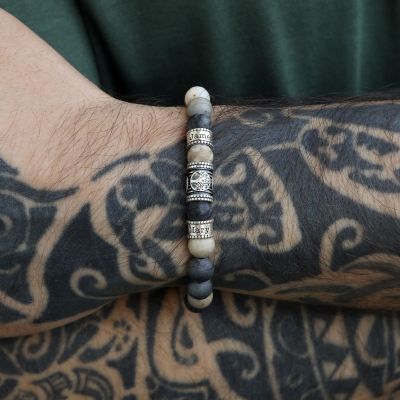 Bracelet Arbre Familial Jaspe Picasso avec Prénom pour Homme [Argent 925]
