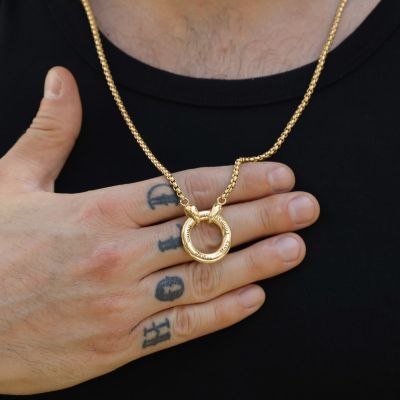 Father's Big Circle Box Chain Name Necklace - 18K Gold Plated