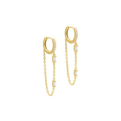 White Crystal Hoop Chain Earrings [18K Gold Vermeil]