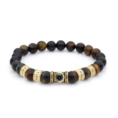 Green Tiger Eye Men Name Bracelet with 1 ct Diamond [18K Gold Vermeil]