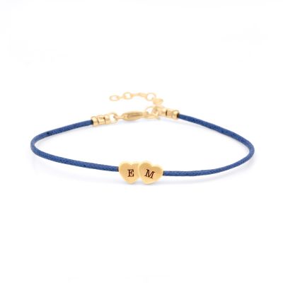 Intertwined Hearts Initials Bracelet - Blue Cord [18K Gold Plated]
