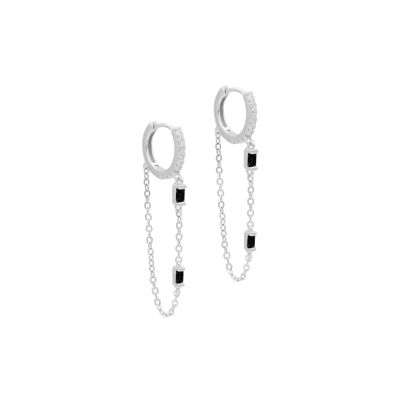 Black Crystal Hoop Chain Earrings [Sterling Silver]