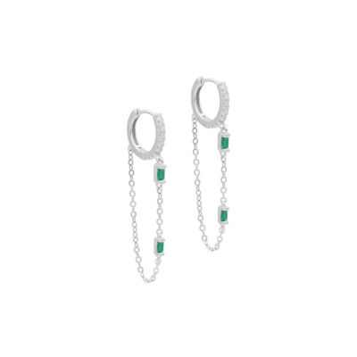 Emerald Crystal Hoop Chain Earrings [Sterling Silver]