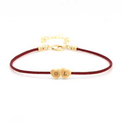 Intertwined Hearts Initials Bracelet - Red Cord [18K Gold Plated]