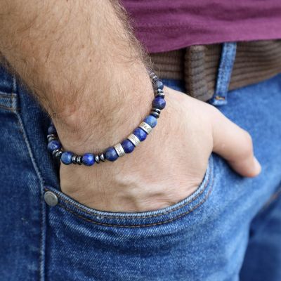 Lapis Lazuli en Hematiet Mannen Naam Armband - Sterling Zilver