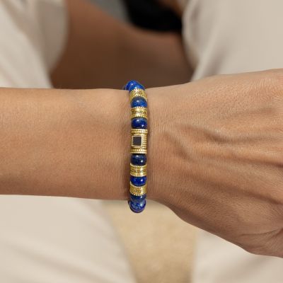 Damen Namensarmband mit Nano Bibel aus Lapislazuli [750er Gold Vermeil]