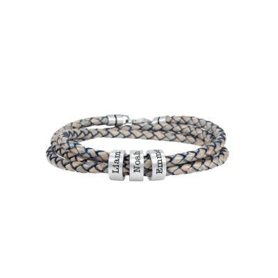 Bracelet Bleu Denim Clair avec Sphères Gravées en Argent 925 pour Homme