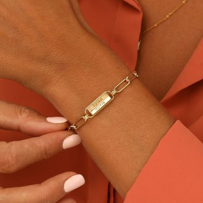 Link Chain Hexa Bar Engraved Bracelet [18K Gold Plated]