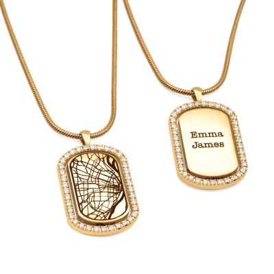 Crystal Map Tag Necklace For Men - 18K Gold Plated