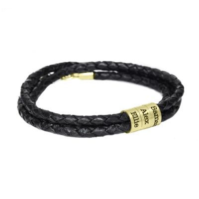 Name Bracelet with Engraved Beads - Gold Plated [Black Leather]