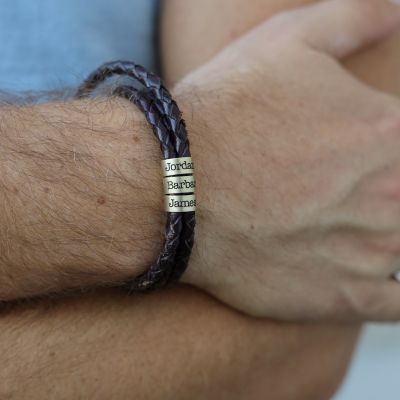 Men Brown Bracelet with Engraved Spheres in Gold Plating