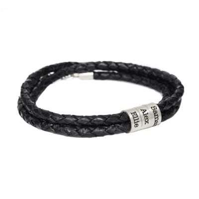 Black Leather Engraved Bracelet with 925 Sterling silver engraved beads
