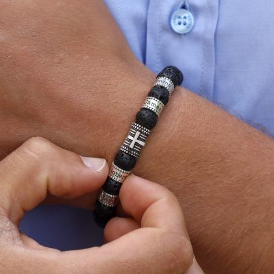 Cross Men Name Bracelet With Lava Stones