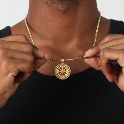 Collier Boussole Famille Gravé pour Homme - Plaqué Or 18ct