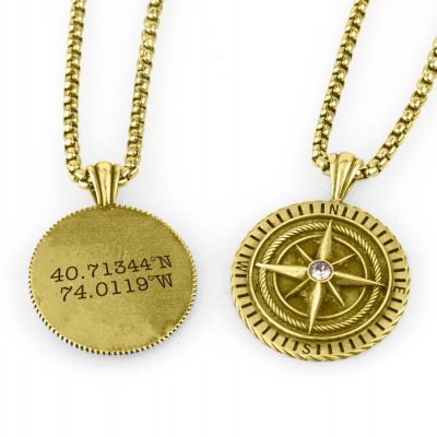 Compass Necklace with Coordinates - 18K Gold Plated