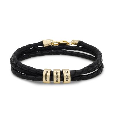 Men Leather Bracelet with Engraved Beads in Gold Plating