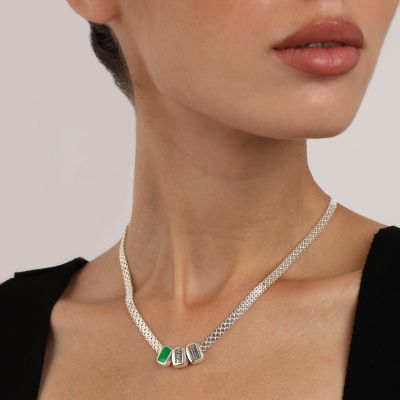 Emily Milanese Name Necklace with Green Charm [Sterling Silver]